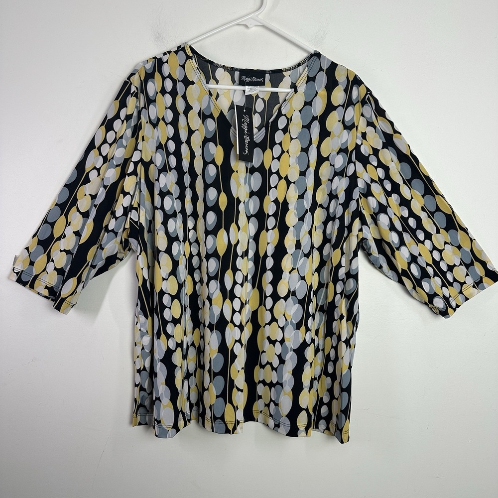 Maggie‎ Barnes Top Womens 2X Liquid Knit Artsy Polka Dot V Neck 3/4 Sleeve NWT
